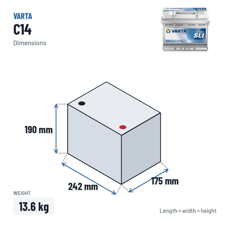 Autobatterie Varta C14 12V 56Ah 480A – Abmessungen 242 × 175 × 190 mm