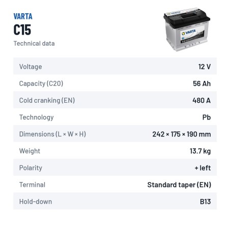 Batterie voiture Varta C15 12V 56Ah 480A – fiche technique