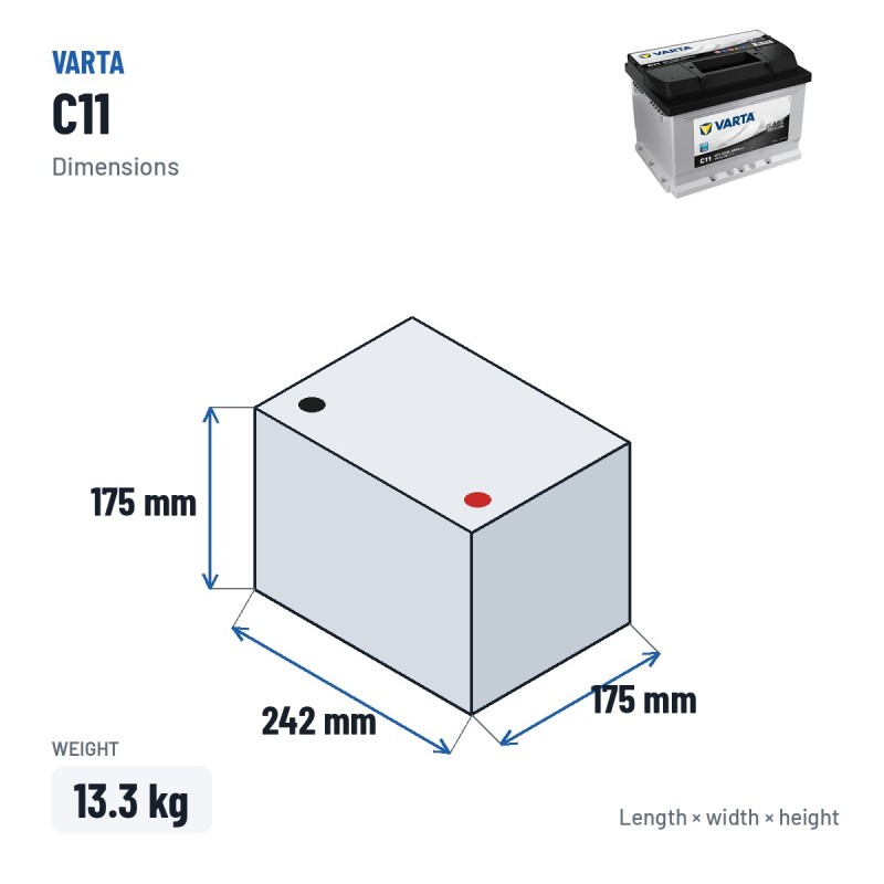 Batería de coche Varta C11 12V 53Ah 500A – medidas 242 × 175 × 175 mm