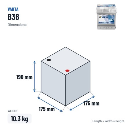 Bateria de carro Varta B36 12V 44Ah 420A – medidas 175 × 175 × 190 mm