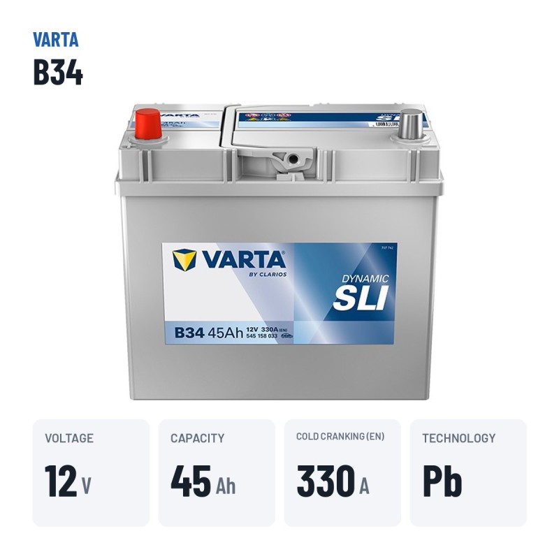 Batería de coche Varta B34 12V 45Ah 330A – datos clave