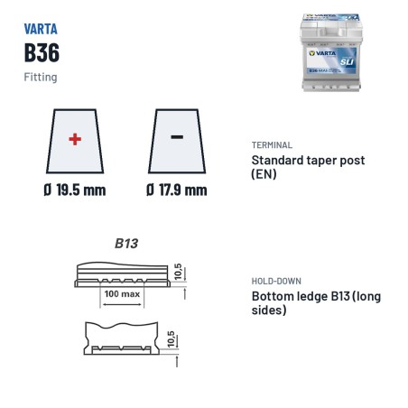 Bateria de carro Varta B36 12V 44Ah 420A – terminal e fixação
