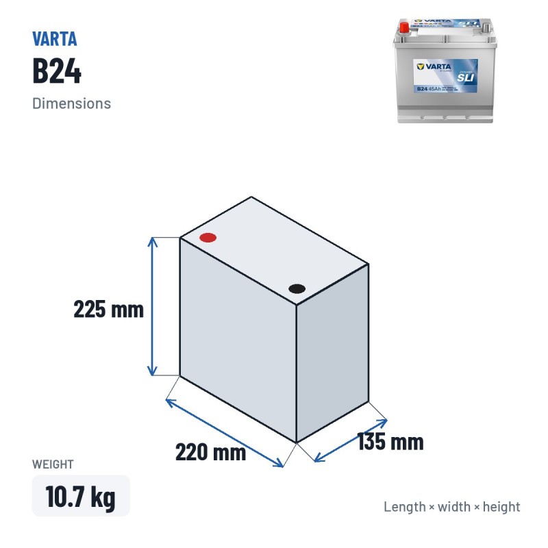 Batería de coche Varta B24 12V 45Ah 300A – medidas 220 × 135 × 225 mm