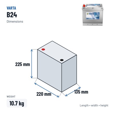 Batería de coche Varta B24 12V 45Ah 300A – medidas 220 × 135 × 225 mm
