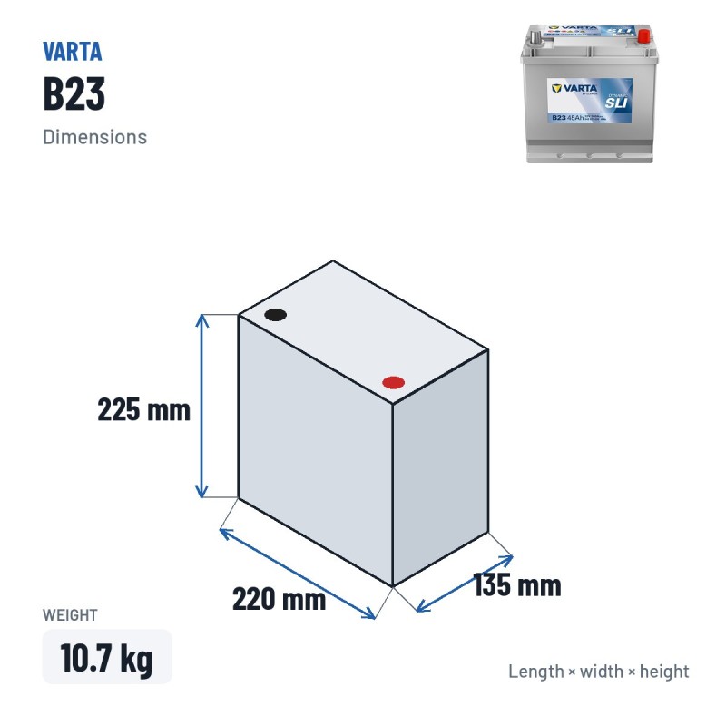Bateria de carro Varta B23 12V 45Ah 300A – medidas 220 × 135 × 225 mm