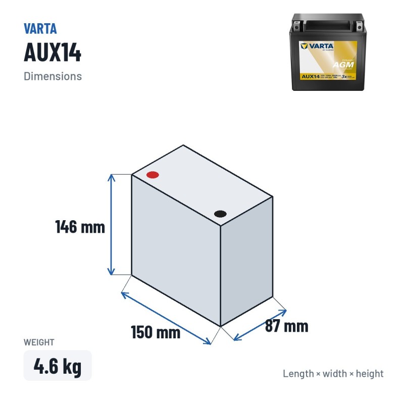 Batterie voiture Varta AUX14 12V 13Ah 200A – dimensions 150 × 87 × 146 mm