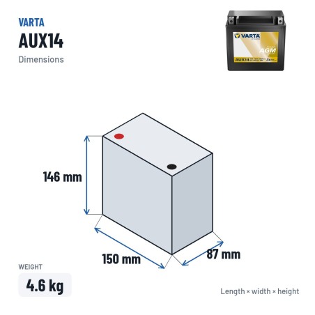 Car battery Varta AUX14 12V 13Ah 200A – dimensions 150 × 87 × 146 mm
