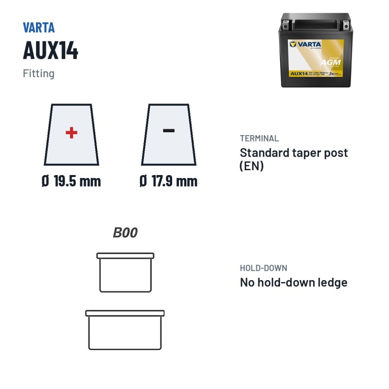 Car battery Varta AUX14 12V 13Ah 200A – terminal and hold-down
