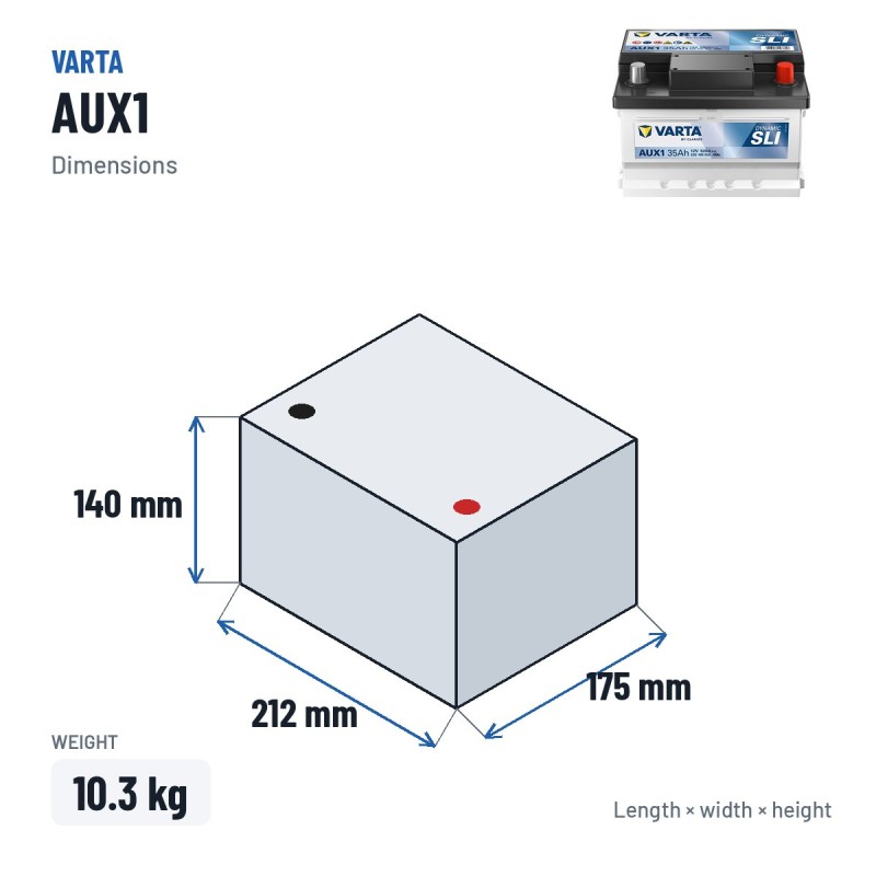 Car battery Varta AUX1 12V 35Ah 520A – dimensions 212 × 175 × 140 mm