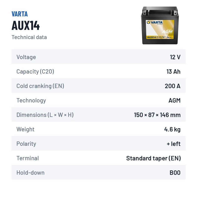 Car battery Varta AUX14 12V 13Ah 200A – technical data