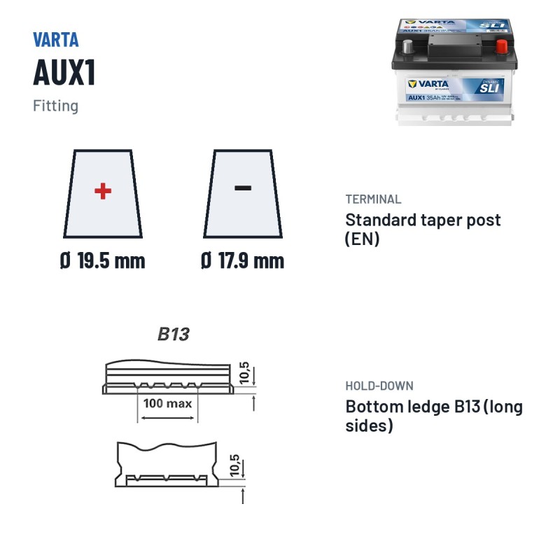 Batteria auto Varta AUX1 12V 35Ah 520A – terminali e fissaggio