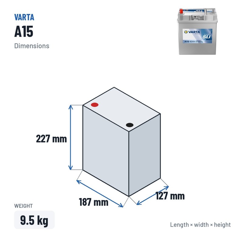 Car battery Varta A15 12V 40Ah 330A – dimensions 187 × 127 × 227 mm