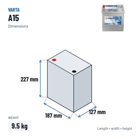 Car battery Varta A15 12V 40Ah 330A – dimensions 187 × 127 × 227 mm