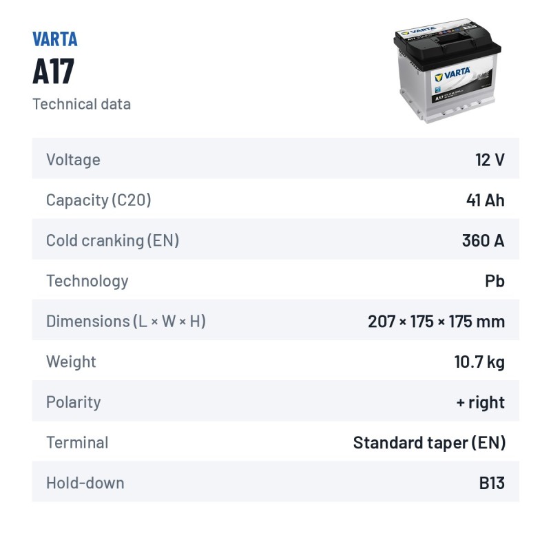 Autobatterie Varta A17 12V 41Ah 360A | baterias.com