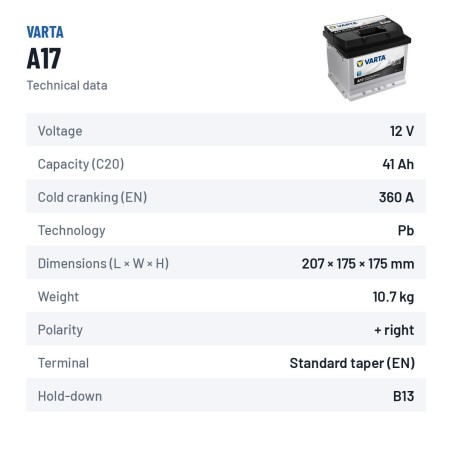 Autobatterie Varta A17 12V 41Ah 360A | baterias.com