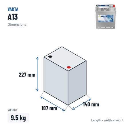 Car battery Varta A13 12V 40Ah 330A – dimensions 187 × 140 × 227 mm