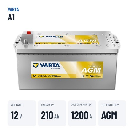 Bateria de camião Varta A1 12V 210Ah 1200A AGM – dados principais