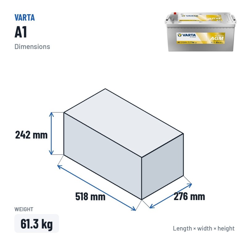 Bateria de camião Varta A1 12V 210Ah 1200A AGM – medidas 518 × 276 × 242 mm