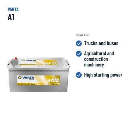 Bateria de camião Varta A1 12V 210Ah 1200A AGM – utilizações recomendadas