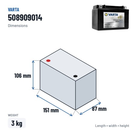 Motorcycle battery Varta YTX9(FA) (508909013) 12V 8Ah 135A AGM – dimensions 151 × 87 × 106 mm