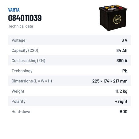 Car battery Varta 084011039 6V 84Ah 390A – technical data