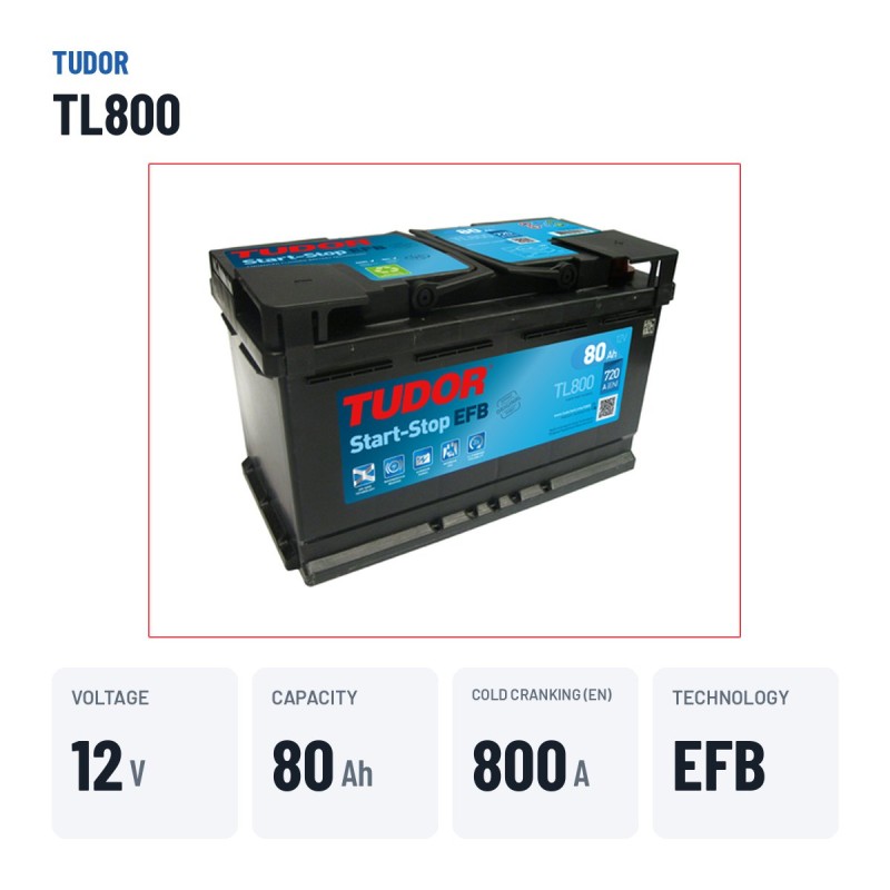 Batterie Start-Stop Tudor TL800 12V 80Ah 800A EFB – caractéristiques clés