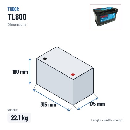 Batterie Start-Stop Tudor TL800 12V 80Ah 800A EFB – dimensions 315 × 175 × 190 mm