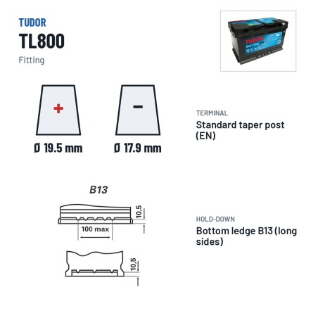 Batterie Start-Stop Tudor TL800 12V 80Ah 800A EFB – bornes et fixation
