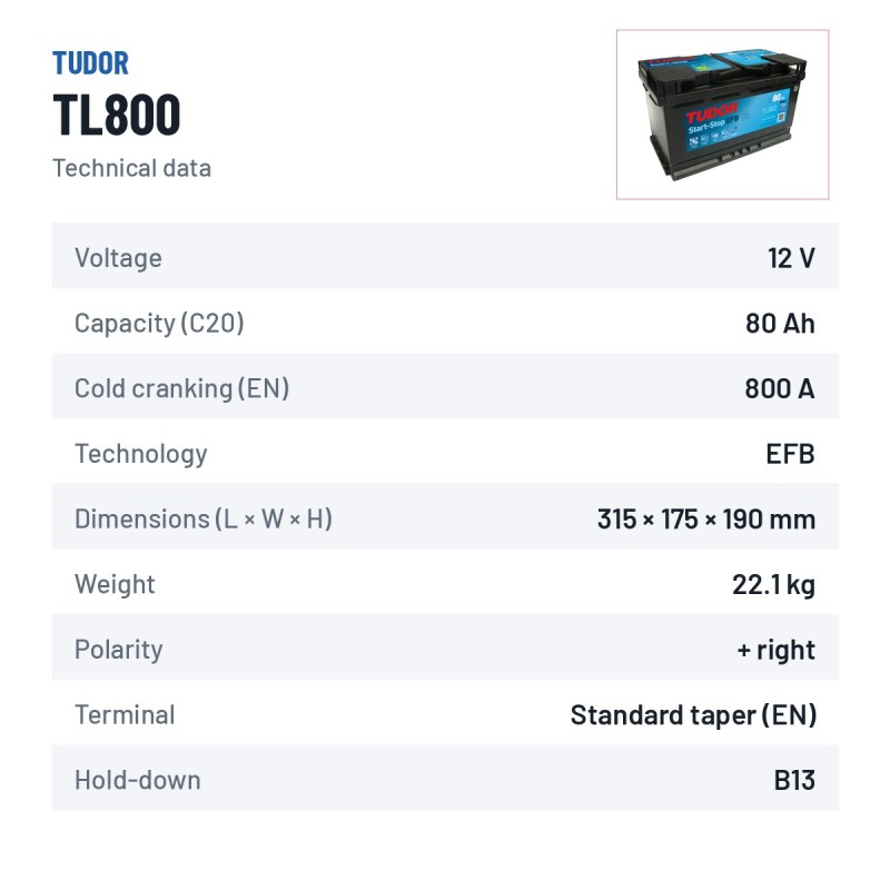 Batterie Start-Stop Tudor TL800 12V 80Ah 800A EFB – fiche technique