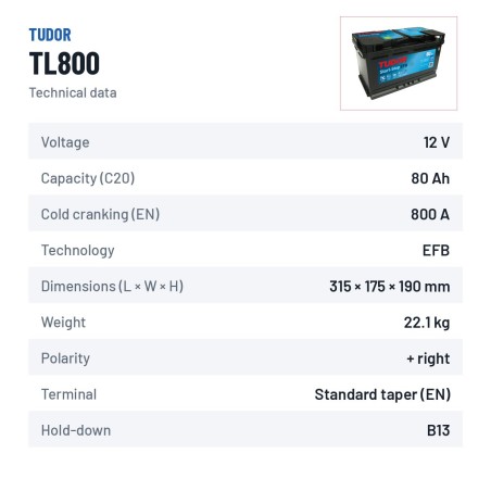 Batterie Start-Stop Tudor TL800 12V 80Ah 800A EFB – fiche technique
