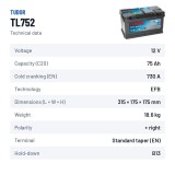 Batteria Start-Stop Tudor TL752 12V 75Ah 730A EFB – scheda tecnica