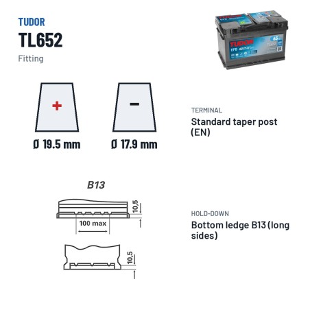 Batteria Start-Stop Tudor TL652 12V 65Ah 650A EFB – terminali e fissaggio