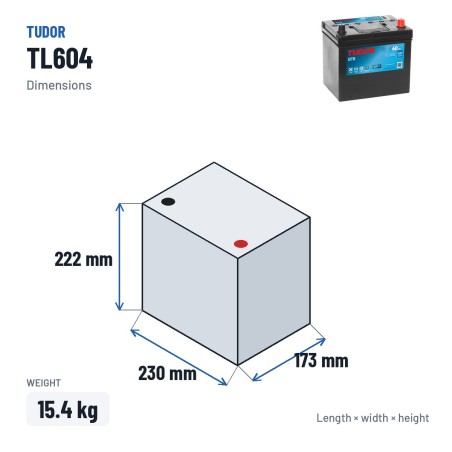 Start-Stop battery Tudor TL604 12V 60Ah 520A EFB – dimensions 230 × 173 × 222 mm