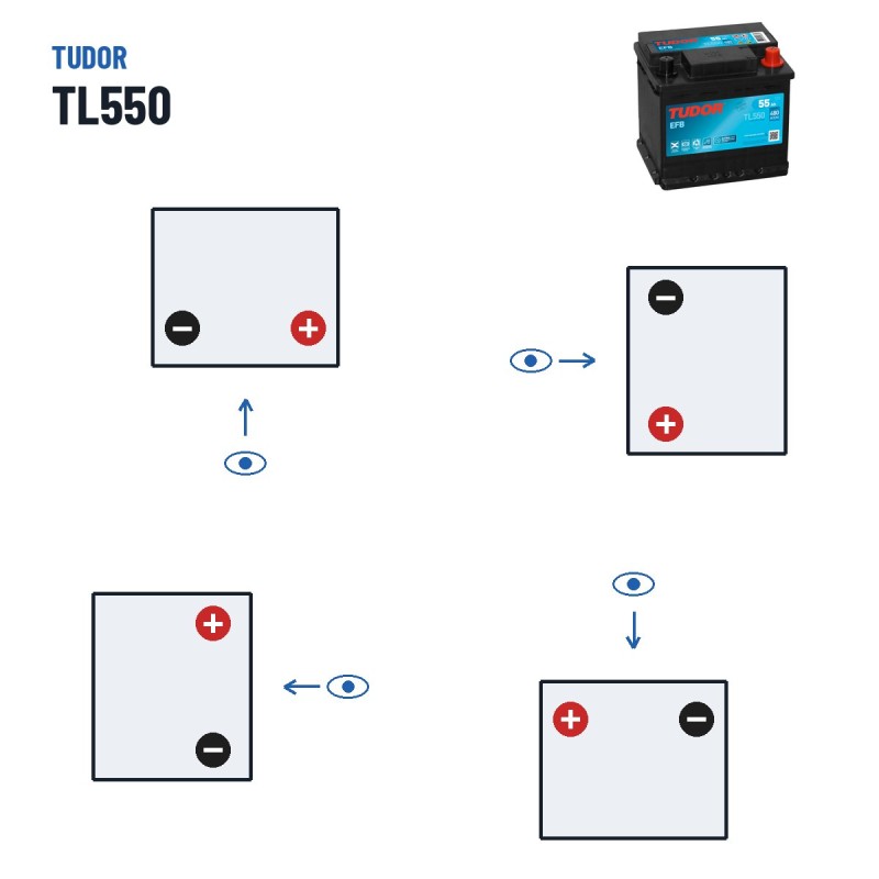 Batterie Start-Stop Tudor TL550 12V 55Ah 540A EFB – polarité (schéma 0, + à droite)
