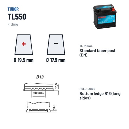 Batterie Start-Stop Tudor TL550 12V 55Ah 540A EFB – bornes et fixation