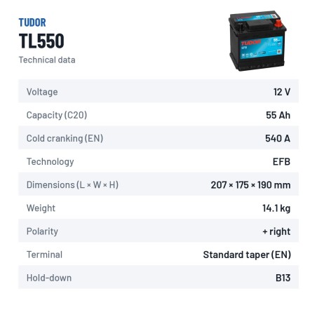 Batterie Start-Stop Tudor TL550 12V 55Ah 540A EFB – fiche technique