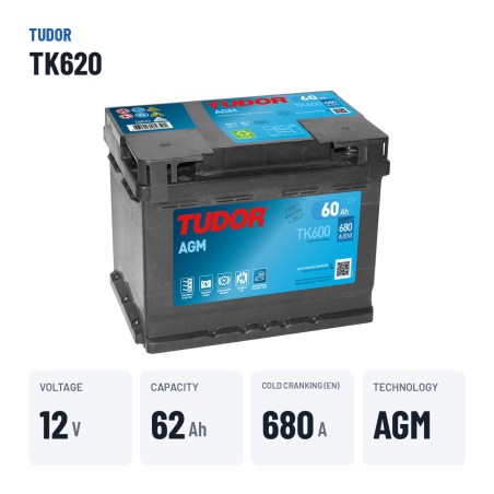 Start-Stopp-Batterie Tudor TK600 12V 60Ah 680A AGM – wichtigste Daten