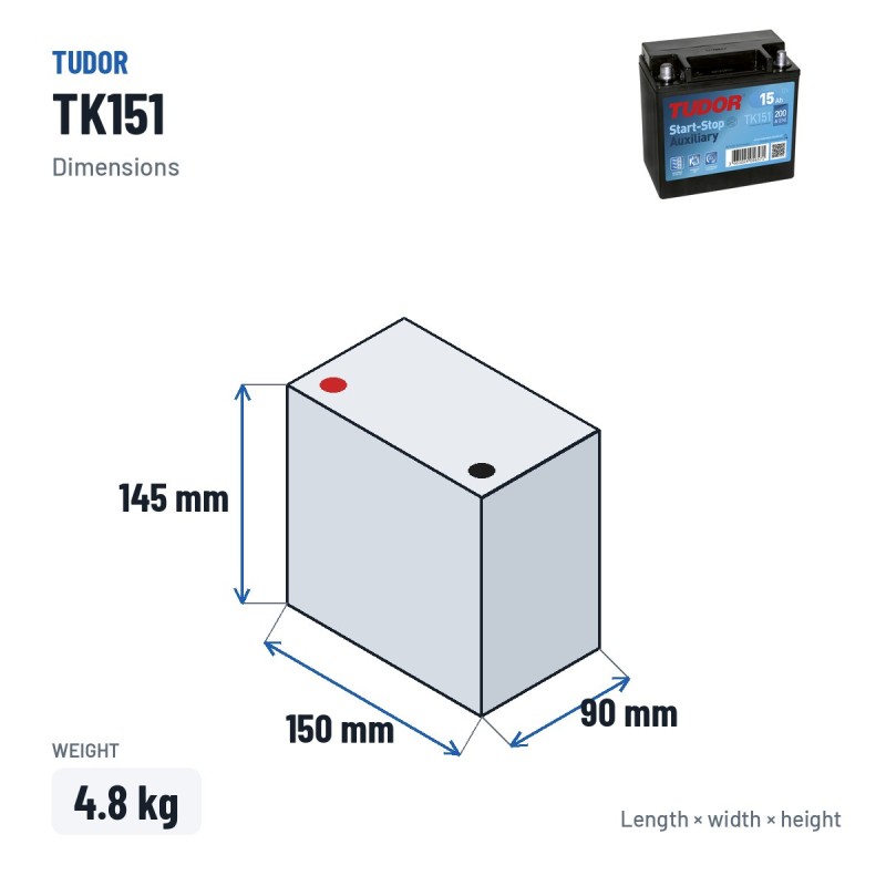 Batteria ausiliaria Tudor TK151 12V 15Ah 200A AGM – dimensioni 150 × 90 × 145 mm