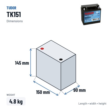 Zusatzbatterie Tudor TK151 12V 15Ah 200A AGM – Abmessungen 150 × 90 × 145 mm