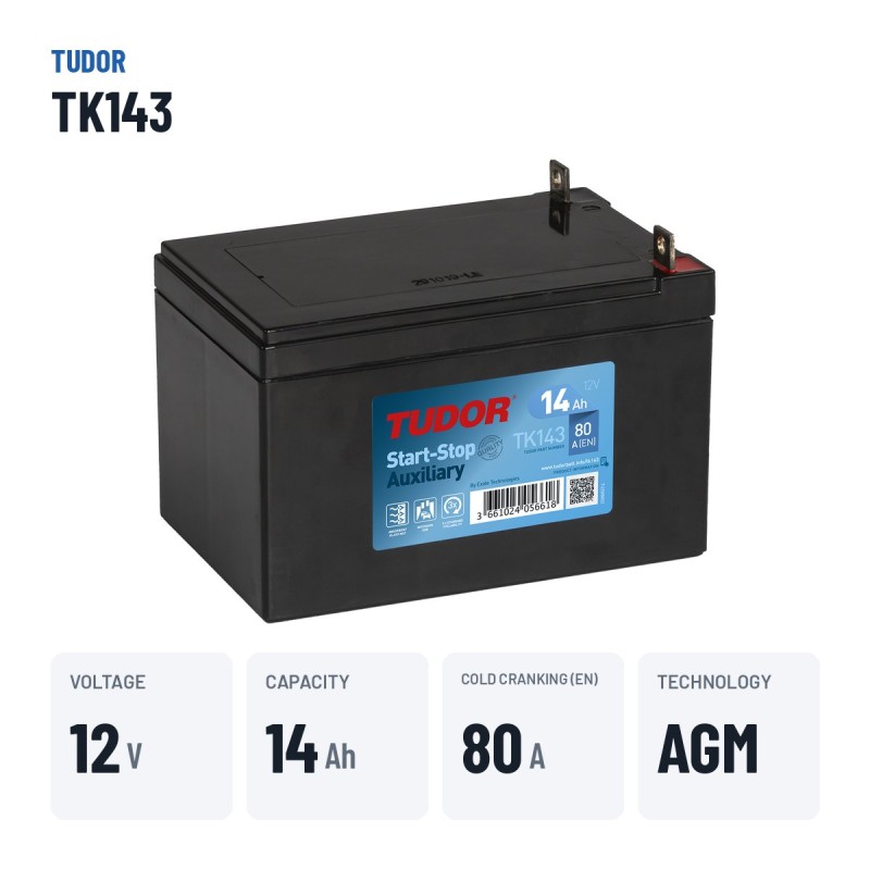 Bateria auxiliar Tudor TK143 12V 14Ah 80A AGM – dados principais