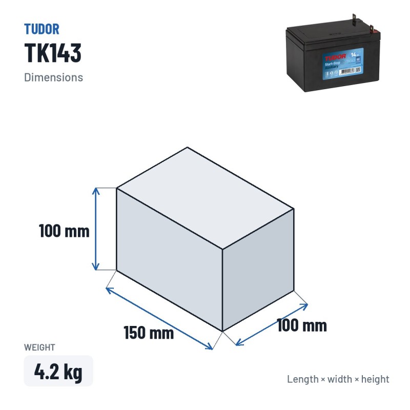 Bateria auxiliar Tudor TK143 12V 14Ah 80A AGM – medidas 150 × 100 × 100 mm
