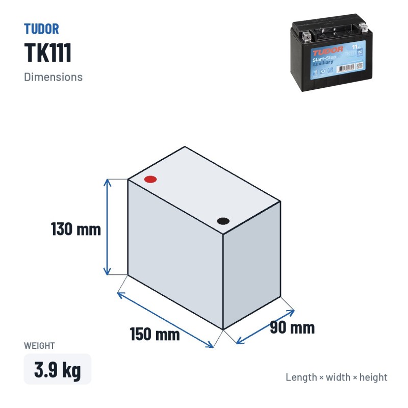 Auxiliary battery Tudor TK111 12V 11Ah 150A AGM – dimensions 150 × 90 × 130 mm