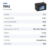 Bateria auxiliar Tudor TK143 12V 14Ah 80A AGM – ficha técnica