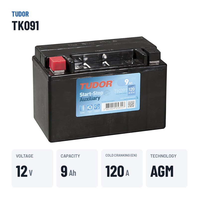 Batterie auxiliaire Tudor TK091 12V 9Ah 120A AGM – caractéristiques clés