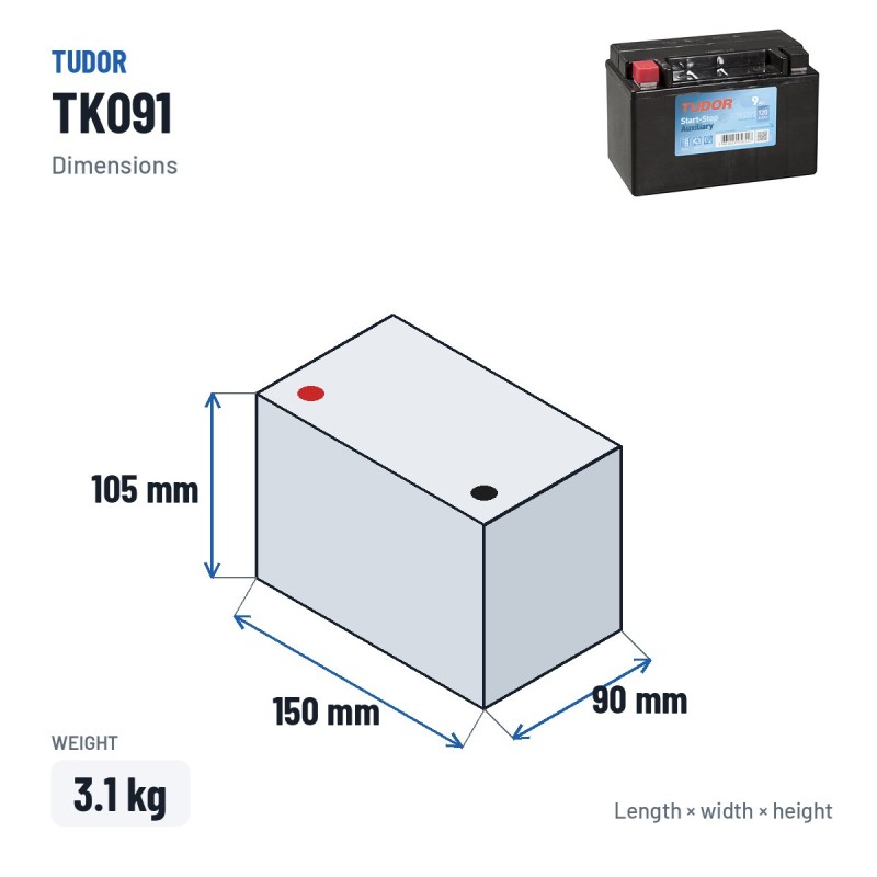 Batterie auxiliaire Tudor TK091 12V 9Ah 120A AGM – dimensions 150 × 90 × 105 mm