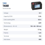 Bateria auxiliar Tudor TK091 12V 9Ah 120A AGM – ficha técnica