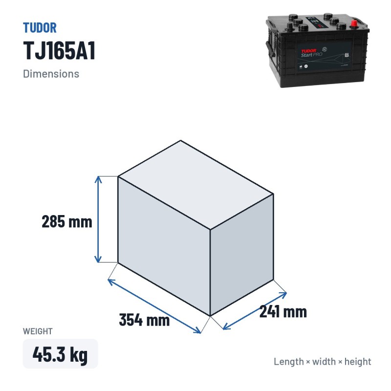 LKW-Batterie Tudor TJ165A1 12V 165Ah 850A – Abmessungen 354 × 241 × 285 mm