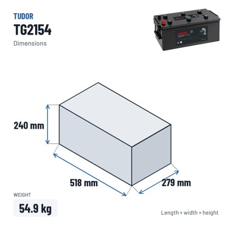 Bateria de camião Tudor TG2154 12V 215Ah 1200A – medidas 518 × 279 × 240 mm