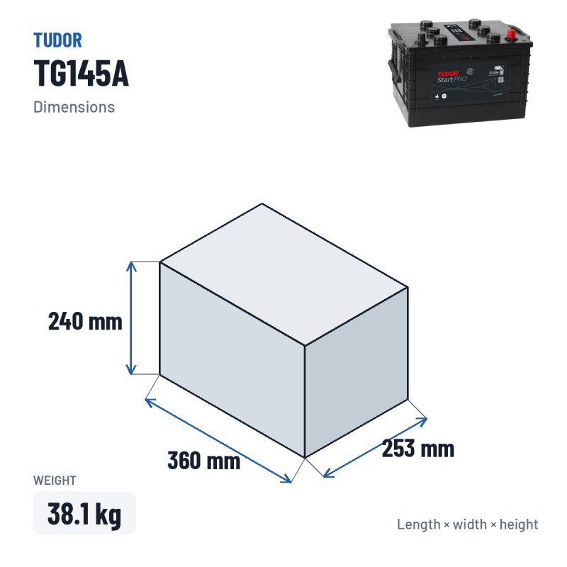 Batería de camión Tudor TG145A 12V 145Ah 1000A – medidas 360 × 253 × 240 mm