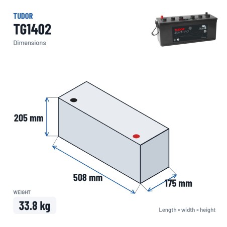 Batterie camion Tudor TG1402 12V 140Ah 900A – dimensions 508 × 175 × 205 mm